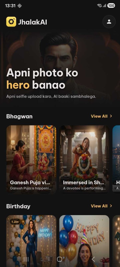 JhalakAI app — upload a selfie and create AI photos